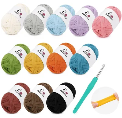Immagine prodotto di Set di filati per maglia a uncinetto "T-Shirt Garn", composto da 12 gomitoli da 100g ciascuno, con uncinetto da 5,5 mm. Filato spesso da 2 cm, ideale per progetti fai-da-te, borse, cesti e coperte