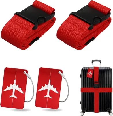 Produktbild von Koffergurt Kofferanhänger Set, 2 Stück gepäckband mit 2 Stück Gepäckanhänger Set, Kofferband Gurt Personalisierte Identifikation für Schnell erkennen Gepäck Reisetasche Koffer (Rot)