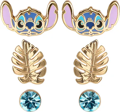 A set of three pairs of earrings against a white background.