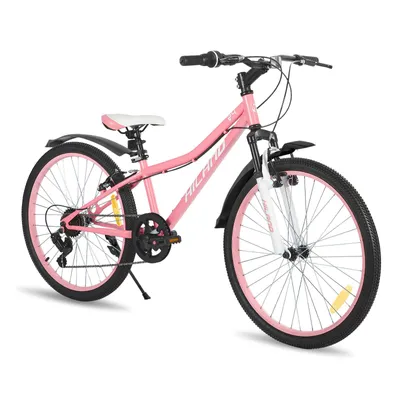 Produktbild von HILAND Climber 24 Zoll Kinderfahrrad Mountainbike mit Federgabel 7 Gang Shimano V-Bremse, Kinder MTB Jugend Mädchen, Rosa