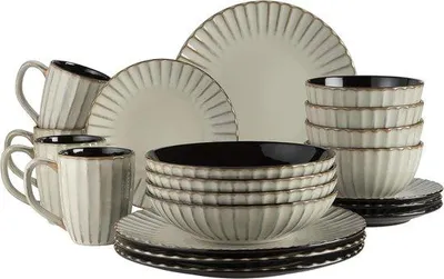 Immagine prodotto di Set da portata per 12 persone - Look vintage moderno - Set da portata in Vetroceramica da 20 pezzi in beige e nero - Gres porcellanato