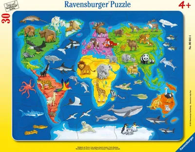 Produktbild von 30 Teile Ravensburger Kinder Rahmen Puzzle Weltkarte mit Tieren 06641