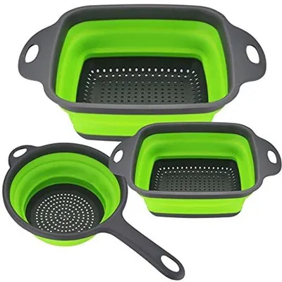 Produktbild von Ultiluxe zusammenklappbare Siebe - Silikon Camping Set - quadratisch - multifunktional - Abtropfsieb - mit Griff - 3 Stück - Grün/Grau