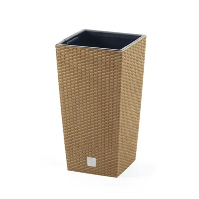 A tall, square planter with a woven texture.