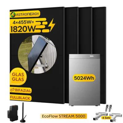 Produktbild von Powerness Balkonkraftwerk mit Speicher: EcoFlow STREAM 5000 Speicher 5024Wh & 4x Astronergy 455W Module & Smart Meter & 4x Balkon-Halterung 0% VAT