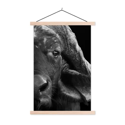 Produktbild von MuchoWow® Textilposter Büffel - Tiere - Schwarz - Weiß 60x90 cm mit holzfarbenen Rahmen - Textil