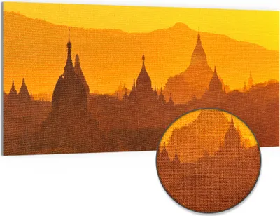 Produktbild von DEQORI Hybrid Leinwand Bild 100x50 cm 'Goldene Stupas' Wandbild Glas flach modern