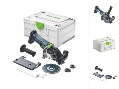 A set of tools and accessories for a Festool Akku-Freihandtrennsystem DSC-AGC 18-125 FH EB-Basic, laid out on a white background.