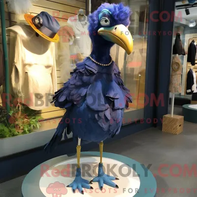 Image de Costume de mascotte REDBROKOLY d oiseau Dodo bleu marine personnage habillé d une mini robe et de pinces à chaussures