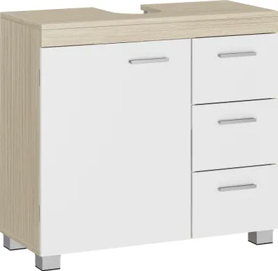Produktbild von VASAGLE Waschbeckenunterschrank mit Füßen, 3 große Schubladen, 2 Fächer hinter der Tür, 30 x 70 x 64 cm, Wolkenweiß-Naturbeige