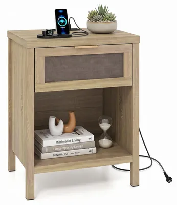 Produktbild von COSTWAY Nachttisch Holz mit Schublade & Ladestation, Nachtschrank mit offenem Fach & Kippschutz, PolyRattan Nachtkommode, Beistelltisch Natur