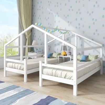 Produktbild von Fortuna Lai Kinderbett 90x200 cm mit Rausfallschutz für 2 Kinder, Hausbett mit Nachttisch und Lattenrost, Zwei Einzelbetten unter einem Dach im Hausbettdesign, Weiß