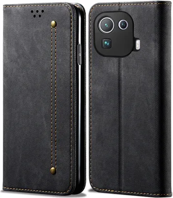Produktbild von Xiaomi Mi 11 Pro Hülle, LaimTop Denim Leder Brieftasche Magnetverschluss Flip Bookstyle Schutzhülle mit Standfunktion für Xiaomi Mi 11 Pro Schwarz