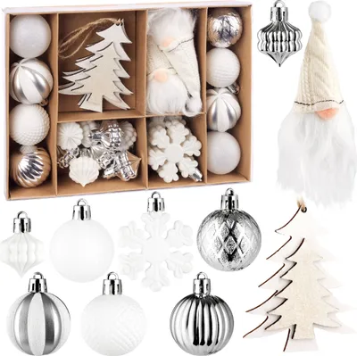Image de BRUBAKER 24 pcs. décorations de sapin de Noël blanc et argent - Boules de Noël avec lutins, sapins, flocons de neige et paillettes en bois et plastique