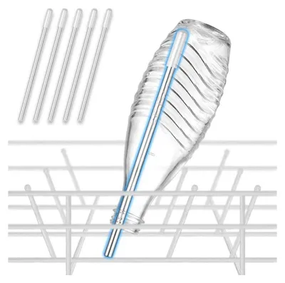 A set of silver straws and a clear bottle are shown on a white background, with the straws inside the bottle.
