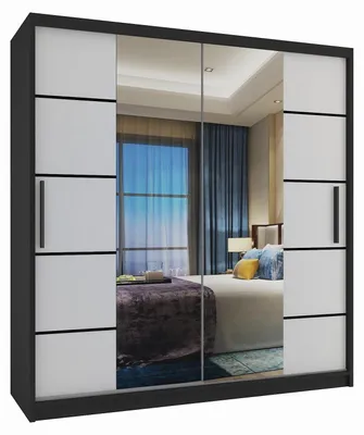 Image de BELINI Verona ME, armoire coulissante de 158 cm, noire et blanche, finition mate - Armoire avec miroir et 2 tiroirs, idéale pour la chambre