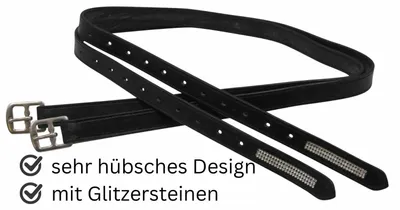 Produktbild von AMKA Leder Steigbügelriemen mit Glitzersteinchen, schwarz 130 oder 150 cm Edelstahlschnallen, Größe:150