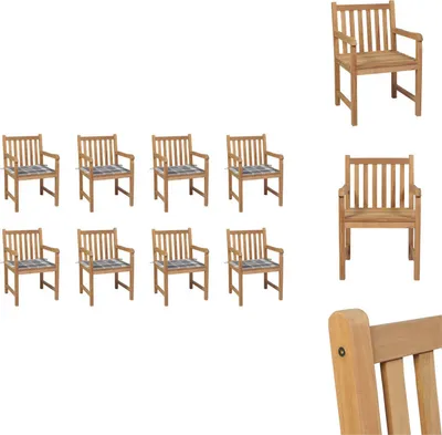 Produktbild von vidaXL Gartenstühle 8 Stk. Graue Karomuster-Kissen Massivholz Teak -  Gartenstühle