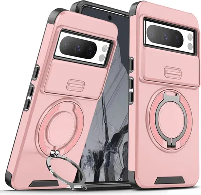 Immagine prodotto di Custodia a doppio strato per Goolge Pixel 8 Pro, con copertura scorrevole della fotocamera e supporto ad anello magnetico Rosa