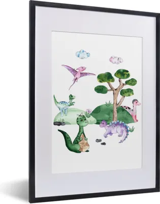 Produktbild von MuchoWow® Gerahmtes Poster Kinderzimmer - Dinosaurier - Weiß - Jungen - Mädchen - Kinder 30x40 cm - Poster mit Schwarzem Bilderrahmen Wandposter Rahmen Foto Bilder - Wandposter Schlafzimmer