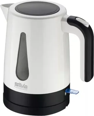 A white and black electric kettle with a clear water level indicator and a blue switch.