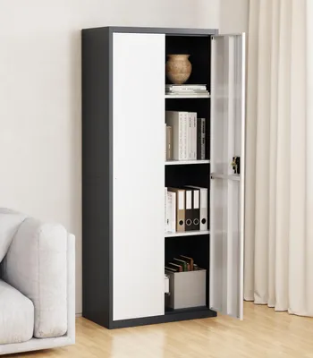 Produktbild von VCM Metall Büroschrank H. 180 x B. 80 x T. 40 cm / Aktenschrank Büromöbel für Ordner / Stahlschrank abschließbar / Flügeltürschrank Malivo 4 fach mit Drehtüren