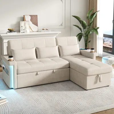 Produktbild von okwish L-förmiges Ecksofa Chaiselongue mit Schlaffunktion und verstellbare Rückenlehne,Klappsofa Chaiselongue mit LED-Beleuchtung und USB-Anschlüssen,Beige