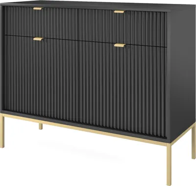 Produktbild von Stilvolle Moderne Kommode NOVA KSZ104 mit 2 Schubladen Dekorative gerillte Front Sideboard Wohnzimmerschrank Schrank Schwarz mit Goldene Rahmen