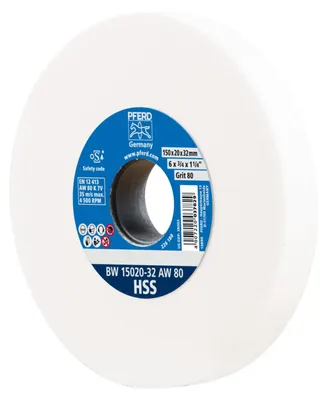 Produktbild von PFERD Schleifbockscheibe Ø 150x20mm Bohrung-Ø 32 mm A80 zum Schärfen von HSS-Bohrern, Schleifscheibe, Hochgeschwindigkeitsstahl (HSS), 4500 RPM, Weiß, Rund, 3,2 cm