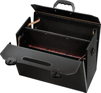An open black leather tool bag with red glowing elements inside.