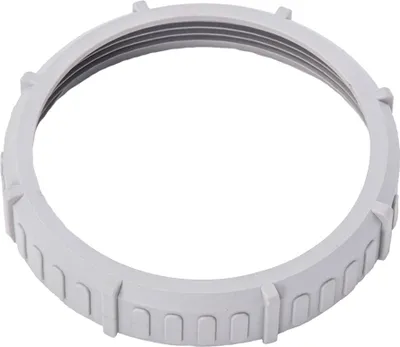 A gray plastic ring with internal threads and external notches, isolated on a white background.