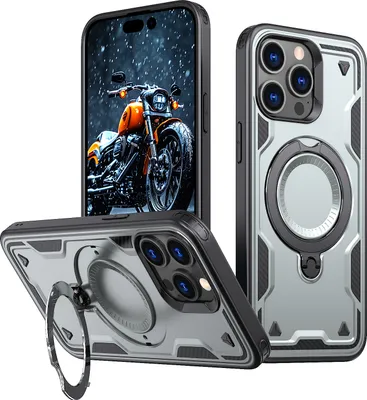 Produktbild von Dual Layer Hülle für iPhone 15 Pro Metall Ring Ständer Magnetisch Stoßfest Militär Handyhülle Grau