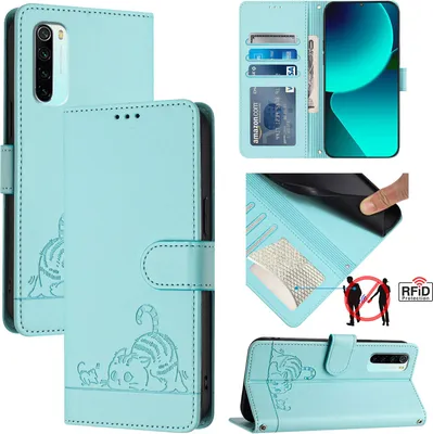Produktbild von Leder Hülle für Xiaomi Redmi Note 8 Süße Katze Flip Case Brieftasche Schutzhülle mit Standfunktion hellgrün