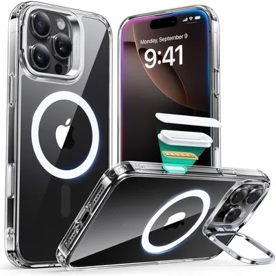 Image de Coque de protection pour iPhone 16 Pro, compatible MagSafe, avec support intégré, protection conforme aux normes militaires, transparente
