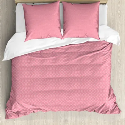 Produktbild von ABAKUHAUS orientalisch Bettbezug Set, Repetitive Traditionelle einfaches Muster mit arabischen Quatrefoil Drucken, 200 x 200 cm + 80 x 80 cm, Pastellrosa und Weiß