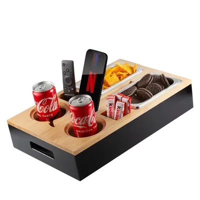 Produktbild von Snackbox aus Bambus für die Kaffeebar, Sofatablett, inklusive 2 Snackschalen, 2 Getränkehaltern mit Untersetzern, Magnetdeckel und Handyhalterung