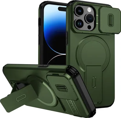 Image de Étui magnétique pour iPhone 14 Pro, étui durable à deux couches avec protection coulissante de l'appareil photo et support réglable Vert