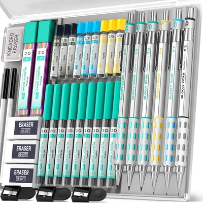 Image de Set de crayons à mine 6 pièces Blocky Gear avec étui, comprenant 36 crayons à mine en métal (0,5/0,7/0,9 mm) et 2 porte-mines, 270 mines, gommes et taille-crayons