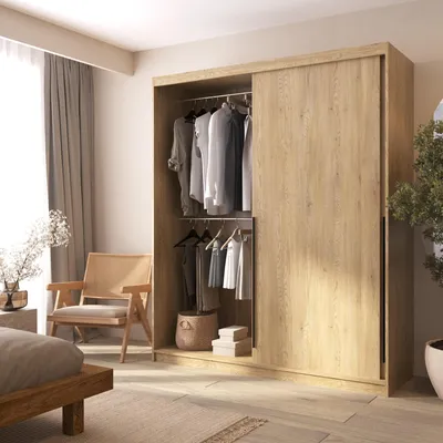 Produktbild von Kleiderschrank Eiche Craft mit Schubladen Schiebetüren 180 cm modern ADAPTE