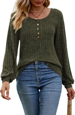 Produktbild von ASKSA Damen Langarmshirt Rundhals Knoepfen Rippstrick Strickpullover Oberteile Tunika Tops Pullover, Armeegruen, XL