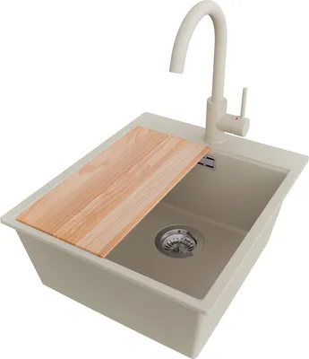 Produktbild von PRIMAGRAN Granitspüle Beige 43x50cm, Spülbecken 1 Becken + Küchenarmatur 32x20cm + Ablauf-Set + Schneidebrett, Küchenspüle ab 45er Unterschrank - Oslo