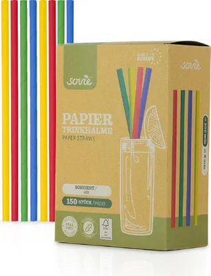Produktbild von Trinkhalme in gelb, rot, grün, blau - gemixt aus Papier,  Ø 8 mm / 20 cm, 150 Stück -  Mank