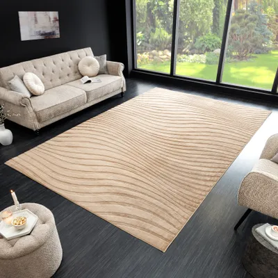 Produktbild von riess-ambiente Moderner Teppich WAVE 230x160cm beige Kurzflor Indoor-Teppich Hoch-Tief-Effekt Hochlforteppich Wohnzimmerteppich