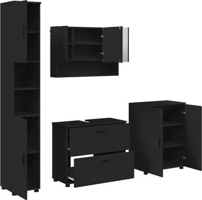 Productafbeelding van Badkamerkastset met deur, 4 stuks, zwart, van multiplex en metaal