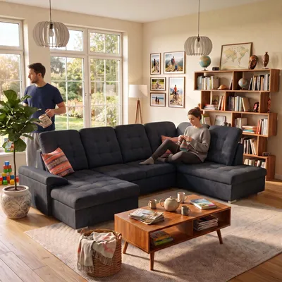 Produktbild von MUFFO Ecksofa U-Form OLIVIA U Rechts mit Schlaffunktion 124x257 Velours Schwarz