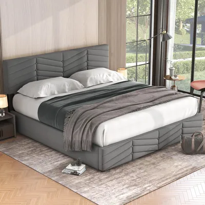 Image de MODFU Lit coffre 180x200 - Lit Double Rembourré avec Sommier à Lattes - Velours - Sans Matelas - Gris