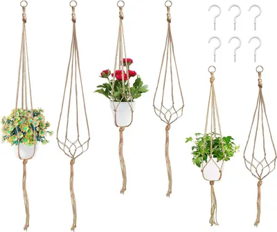 Produktbild von Blumenständer Set von 6 Makramee Pflanzenhängern, Jute, für Töpfe 4" bis 8", für Innen und Außen