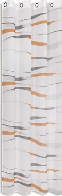 A close-up view of a shower curtain with a striped pattern.