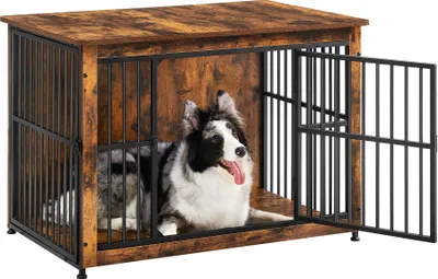 Produktbild von Feandrea Hundekäfig Möbel, Hundebox, moderne Hundehütte indoor für Hunde bis zu 32 kg, hochbelastbar, geschlossener Boden, 2 Türen, vintagebraun