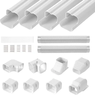 A collage of white plastic air conditioner line set cover components, including straight pieces, elbows, and flexible tubing.